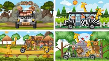 Set of different scenes with animals in the zoo and pirate ship at the sea vector