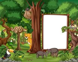 Forest scene with empty banner and many wild animals vector