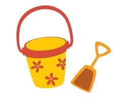 Toy bucket with a dustpan. Beach games. Summer vacation.  Set of buckets and dustpan for playing in the sandbox for children. Vector cartoon illustration.