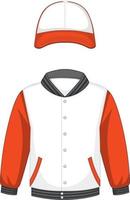 Front of basic white and orange bomber jacket and cap isolated vector