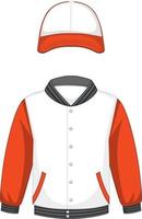 Front of basic white and orange bomber jacket and cap isolated vector