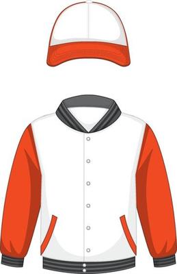 Front of basic white and orange bomber jacket and cap isolated