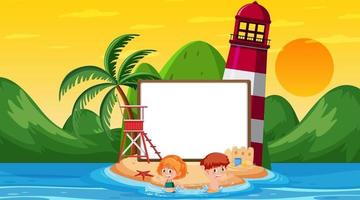 Plantilla de banner vacío con niños de vacaciones en la escena del atardecer en la playa vector