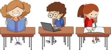 Set of doodle kids doing homework cartoon character isolated vector