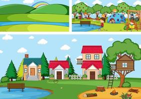 Set of different horizontal scenes background with doodle kids cartoon character vector