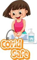 Covid Safe font design with a girl washing her hands on white background vector