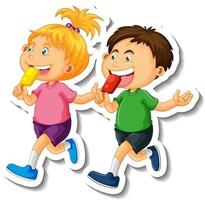 Sticker template with couple of kids students cartoon character isolated vector