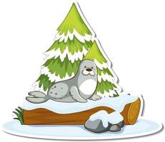 Sticker a cute seal stand by pine tree covered with snow vector