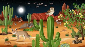 paisaje de bosque desértico en la escena nocturna con animales salvajes vector