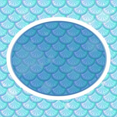 Oval frame template on blue fish scales background
