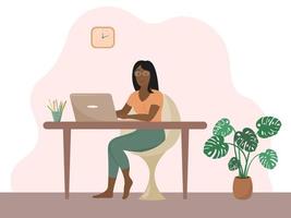 trabajar en casa. mujer afroamericana trabajando o estudiando con la computadora portátil de forma remota. concepto de oficina en casa. vector ilustración plana