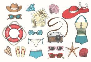 Vector summer vintage set with hand drawn color men's and women's summer accessories, clothes, shells and lifebuoy. Sketch. Vacations, tourism.