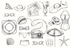 Vector summer vintage set with hand drawn color men's and women's summer accessories, clothes, shells and lifebuoy. Sketch. Vacations, tourism.