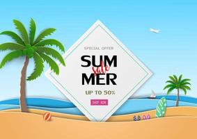 Plantilla de banner de venta de verano con playa tropical en estilo de arte de papel vector