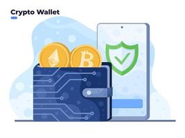 Crypto wallet vector illustration with mobile smartphone. Digital Wallet technology for cryptocurrency bitcoin. Wallet connected to mobile phone.