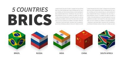 bandera de brics. asociación de 5 países. Diseño superior isométrico cúbico 3d. vector