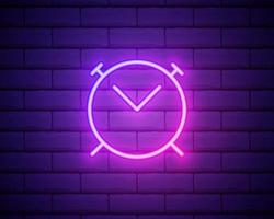 Glowing neon line Alarm clock icon isolated on brick wall background. Wake up, get up concept. Time sign. Vector Illustration.