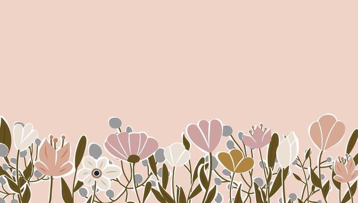 Horizontal backdrop decorated with blooming flowers and leaves border. Abstract art nature background vector. Trendy plants frame. flower garden. Botanical floral pattern design for summer sale banner