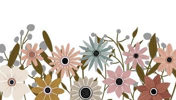 telón de fondo horizontal decorado con flores en flor y borde de hojas. vector de fondo de naturaleza de arte abstracto. marco de plantas de moda. jardín de flores. diseño de patrón floral botánico para banner de venta de verano