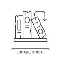 Book on shelf linear icon. Search for information. Solving puzzles. Arrange book covers. Thin line customizable illustration. Contour symbol. Vector isolated outline drawing. Editable stroke
