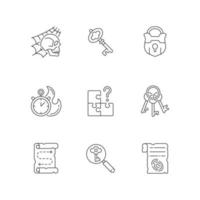 Quest linear icons set. Search for missing piece. Keys for unlocking. Map for treasure. Part of quest. Customizable thin line contour symbols. Isolated vector outline illustrations. Editable stroke