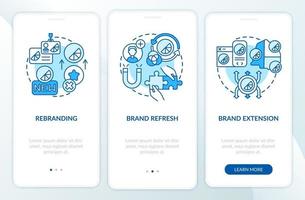 Brand implementation onboarding mobile app page screen with concepts. Rebranding, brand refresh walkthrough 3 steps graphic instructions. UI, UX, GUI vector template with linear color illustrations