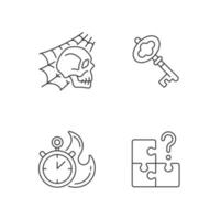 Quest room linear icons set. Skull with spider web. Find missing part. Clues for riddles. Part of mystery quest. Isolated vector illustrations. Puzzle solving simple filled line drawings collection