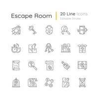 Escape room linear icons set. Challenge for logic skills. Solving puzzles, clues for riddles. Mystery quest. Isolated vector illustrations. Solving puzzles simple filled line drawings collection