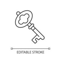 Key linear icon. Vintage clef for opening lock. Solving puzzles, clues for riddles. Victorian key. Thin line customizable illustration. Contour symbol. Vector isolated outline drawing. Editable stroke