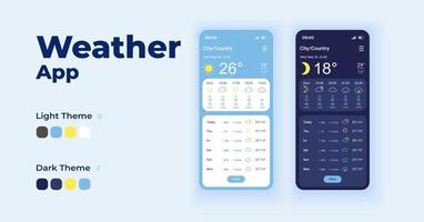 pronósticos diarios conjunto de plantillas vectoriales de interfaz de teléfono inteligente de dibujos animados. página de pantalla de la aplicación móvil diseño de modo nocturno y diurno. observaciones meteorológicas. interfaz de usuario de previsión meteorológica para la aplicación. pantalla del teléfono vector