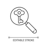 Looking for key linear icon. Investigating to solve problem. Searching for tips. Clues for riddle. Thin line customizable illustration. Contour symbol. Vector isolated outline drawing. Editable stroke