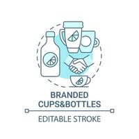 Branded cups and bottles concept icon. Corporate branding material abstract idea thin line illustration. Personalized mugs with company slogan. Vector isolated outline color drawing. Editable stroke