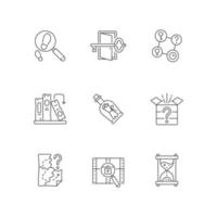 Puzzle solving linear icons set. Investigate footprints. Message in bottle. Clues for riddles. Customizable thin line contour symbols. Isolated vector outline illustrations. Editable stroke