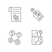 Mystery quest linear icons set. Paper shit with fingerprint. Message in bottle. Part of mystery quest. Customizable thin line contour symbols. Isolated vector outline illustrations. Editable stroke