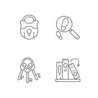 Solving mystery linear icons set. Vintage padlock. Keys on ring for lock. Solving puzzles. Part of quest. Customizable thin line contour symbols. Isolated vector outline illustrations. Editable stroke