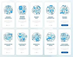 Corporate branding onboarding mobile app page screen with concepts set. Increasing recognition walkthrough 5 steps graphic instructions. UI, UX, GUI vector template with linear color illustrations