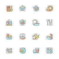 Trendy tableware RGB color icons set. Isolated vector illustrations. Irregular shape tableware. Vintage style dinningware. Food warming tray. Ceramic oven dish simple filled line drawings collection