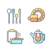 Dinner accessories RGB color icons set. Isolated vector illustrations. Tempered double glass teapot for hot liquids. Ceramic oven dish. up and saucer set simple filled line drawings collection