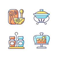 Modern tableware RGB color icons set. Isolated vector illustrations. Wooden tableware for kitchen. Warming tray for meal. Chafing dish that keeps food warm simple filled line drawings collection