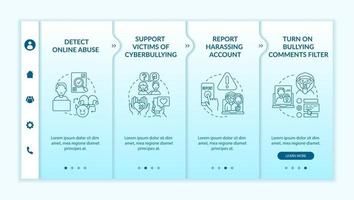 Plantilla de vector de incorporación de pasos de prevención de acoso cibernético. sitio web móvil receptivo con iconos. Tutorial de la página web Pantallas de 4 pasos. Informar el concepto de color de cuenta de acoso con ilustraciones lineales