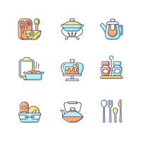 Conjunto de iconos de colores rgb de vajilla de moda. ilustraciones vectoriales aisladas. menaje de cocina especialmente diseñado. tenedores, cuchillos y cucharas para cenar. canasta de pan para el hogar colección de dibujos de líneas llenas simples vector