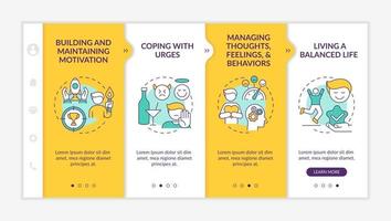 Addiction recovery steps onboarding vector template. Responsive mobile website with icons. Web page walkthrough 4 step screens. Maintaining motivation color concept with linear illustrations