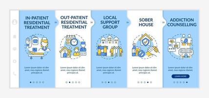 Rehabilitation types onboarding vector template. Responsive mobile website with icons. Web page walkthrough 5 step screens. In patient residential treatment color concept with linear illustrations