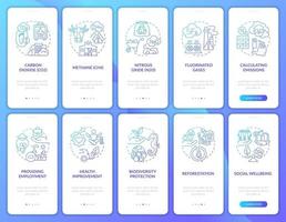 fuentes de gases de efecto invernadero incorporando la pantalla de la página de la aplicación móvil con el conjunto de conceptos. Tutorial de compensación de carbono Instrucciones gráficas de 5 pasos. ui, ux, plantilla de vector de interfaz gráfica de usuario con ilustraciones en color lineal