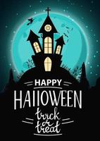 Fondo de halloween, plantilla vertical para tu creatividad con paisaje nocturno con luna llena, un antiguo castillo en una colina y brujas. vector