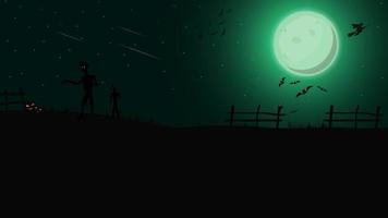 Halloween background, template for your creativity with green night landscape with green full moon, zombie, witches and pumpkins. Template with space for text vector