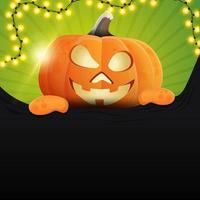 Halloween square template for your creativity with fun pumpkin Jack which climbs from behind the paper wall vector