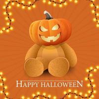 feliz halloween, naranja obteniendo postal cuadrada con osito de peluche con cabeza de calabaza jack vector