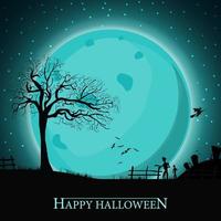 Halloween background, square template for your creativity with night landscape with big blue full moon, zombie and witches, Blue template with space for text vector