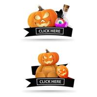 Two Halloween icons with black ribbons and click here buttons. Original icons-links for your business. Teddy bear with Jack pumpkin hea, pumpkin Jack and witch's potion vector